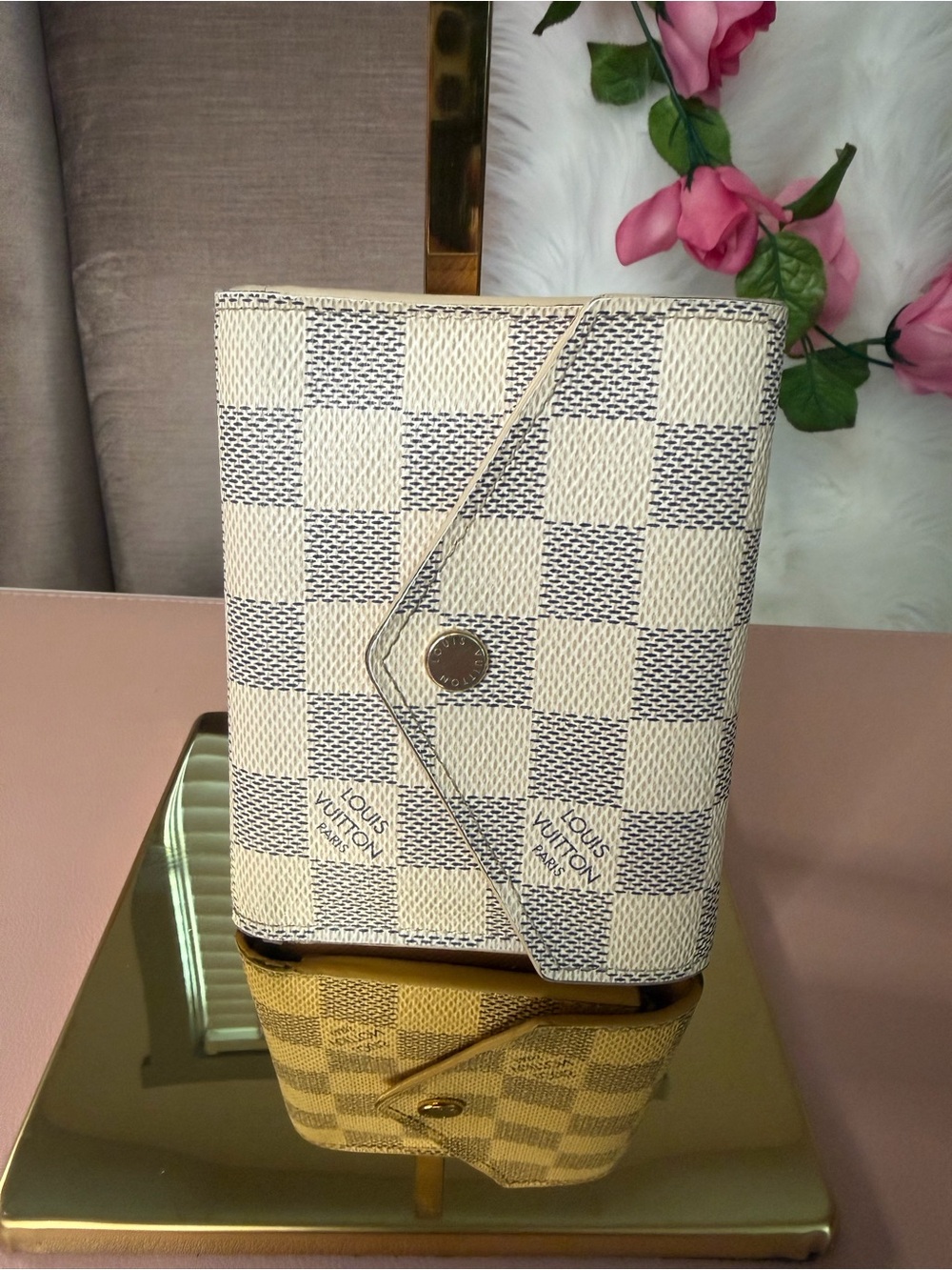 Louis Vuitton Damier Azur Victorine Wallet Rose Ballerine Pink COA w/ Box
